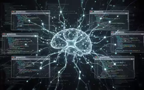Abstraktes, leuchtendes neuronales Netzwerk verbindet Browserfenster und Codezeilen, symbolisiert KI-Entwicklung in Software. - Foto: über boerse-global.de