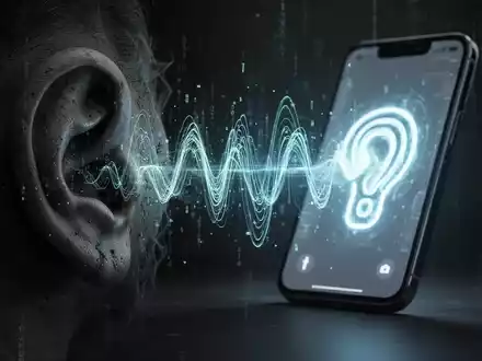 Ein Ohr mit digitalen Wellen und einem leuchtenden Smartphone im Hintergrund, das KI-gestützten Telefonbetrug und Stimmklonung symbolisiert. - Foto: über boerse-global.de