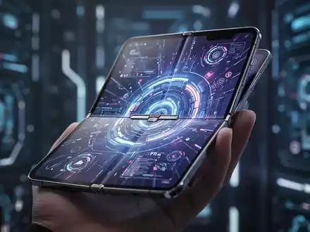 Modernes faltbares Smartphone, teilweise geöffnet, mit lebendigem Display. Eine Hand hält das Gerät sanft vor weichem, unscharfem Hintergrund. - Foto: über boerse-global.de