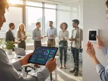 Mitarbeiter nutzen Technologie für Gesundheit und Sicherheit am Arbeitsplatz, während die Sonne durch ein Bürofenster scheint. - Foto: über boerse-global.de