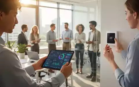 Mitarbeiter nutzen Technologie für Gesundheit und Sicherheit am Arbeitsplatz, während die Sonne durch ein Bürofenster scheint. - Foto: über boerse-global.de