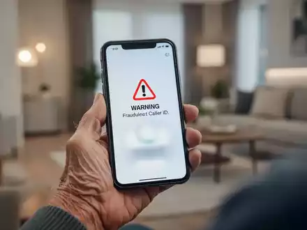 Eine ältere Hand hält ein Smartphone mit einer Warnmeldung, im Hintergrund ein Zuhause. - Foto: über boerse-global.de