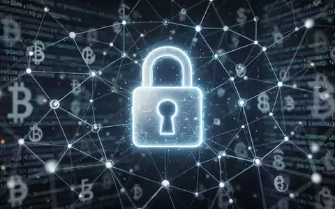 Ein stilisiertes, leuchtendes Vorhängeschloss-Symbol über einem futuristischen, abstrakten Netzwerk aus digitalen Knoten und Linien, mit einem verschwommenen Hintergrund aus Kryptowährungssymbolen und Codezeilen. - Foto: über boerse-global.de