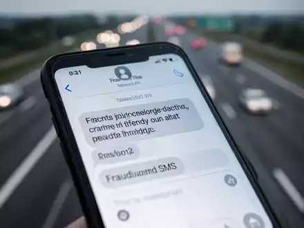 Nahaufnahme eines Smartphones mit einer betrügerischen SMS und einem verschwommenen Autobahnhintergrund, die digitale Betrugsmaschen darstellt. - Foto: über boerse-global.de