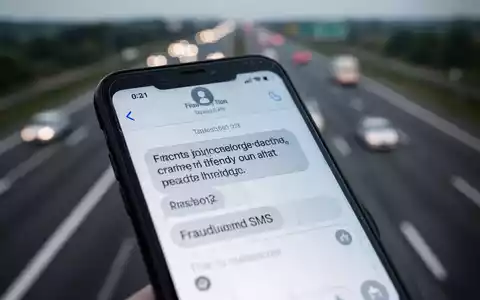 Nahaufnahme eines Smartphones mit einer betrügerischen SMS und einem verschwommenen Autobahnhintergrund, die digitale Betrugsmaschen darstellt. - Foto: über boerse-global.de