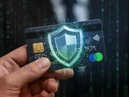Nahaufnahme einer Hand, die eine Kreditkarte mit holografischem Schild-Symbol hält, für Banksicherheit und Betrugsschutz. - Foto: über boerse-global.de