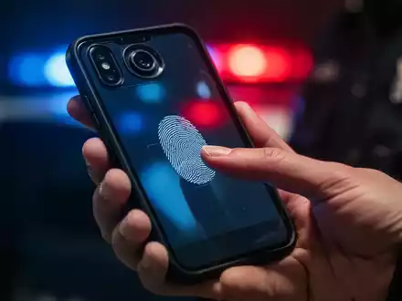 Nahaufnahme einer Polizistenhand, die ein Smartphone hält, dessen Kamera auf einen Daumen für einen Fingerabdruck-Scan fokussiert ist. - Foto: über boerse-global.de