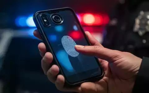 Nahaufnahme einer Polizistenhand, die ein Smartphone hält, dessen Kamera auf einen Daumen für einen Fingerabdruck-Scan fokussiert ist. - Foto: über boerse-global.de