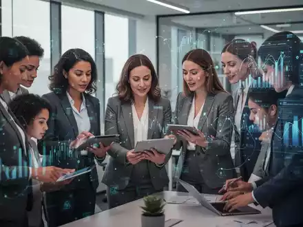 Eine vielfältige Gruppe von Frauen in einem modernen Büro, die zusammenarbeiten und digitale Technologien nutzen, um ihre Rolle auf dem Arbeitsmarkt zu stärken. - Foto: über boerse-global.de