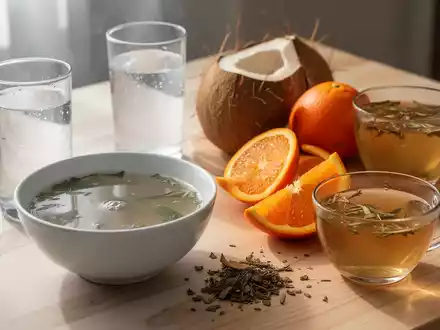 Eine Anordnung von leicht verdaulichen, nährstoffreichen Lebensmitteln und Getränken zur Genesung, darunter Brühe, Wasser und Orangen. - Foto: über boerse-global.de
