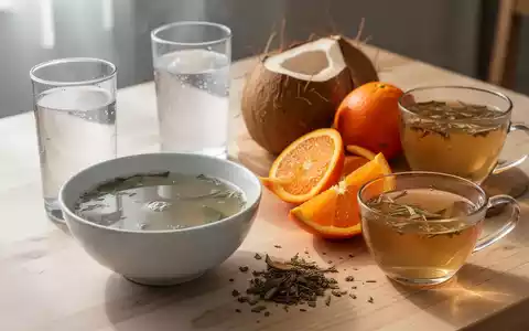 Eine Anordnung von leicht verdaulichen, nährstoffreichen Lebensmitteln und Getränken zur Genesung, darunter Brühe, Wasser und Orangen. - Foto: über boerse-global.de