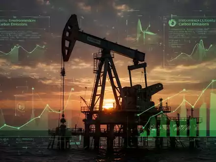 Eine stilisierte Ölplattform-Silhouette vor einem dramatischen Sonnenuntergang, mit digitalen Überlagerungen, die CO2-Emissionen darstellen. - Foto: über boerse-global.de