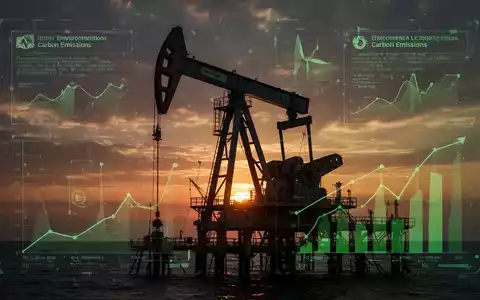 Eine stilisierte Ölplattform-Silhouette vor einem dramatischen Sonnenuntergang, mit digitalen Überlagerungen, die CO2-Emissionen darstellen. - Foto: über boerse-global.de