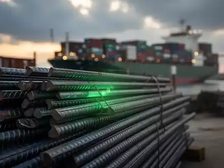 Stapel aus Stahlprodukten mit grünem Schimmer, im Hintergrund ein unscharfer Industriehafen bei Sonnenuntergang. - Foto: über boerse-global.de
