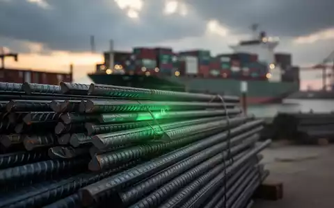 Stapel aus Stahlprodukten mit grünem Schimmer, im Hintergrund ein unscharfer Industriehafen bei Sonnenuntergang. - Foto: über boerse-global.de