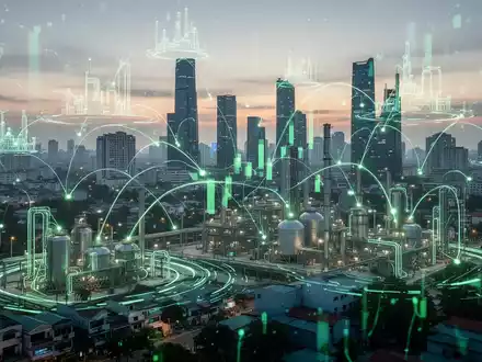 Eine futuristische Darstellung einer Kohlenstoffbörse in Vietnam mit vernetzten Industrieanlagen und einer Stadtlandschaft bei Sonnenaufgang. - Foto: über boerse-global.de