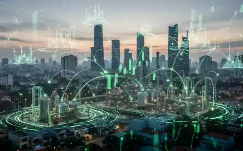 Eine futuristische Darstellung einer Kohlenstoffbörse in Vietnam mit vernetzten Industrieanlagen und einer Stadtlandschaft bei Sonnenaufgang. - Foto: über boerse-global.de