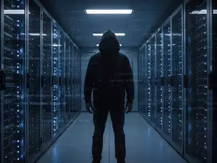 Eine dunkle Figur in einem Serverraum, umgeben von leuchtenden Serverracks, die einen Datenabfluss und eine Cybersicherheitsbedrohung symbolisieren. - Foto: über boerse-global.de