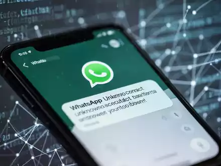 Ein Smartphone-Bildschirm zeigt eine WhatsApp-Sicherheitswarnung für eine unbekannte Nummer, mit digitalen Sicherheitselementen im Hintergrund. - Foto: über boerse-global.de