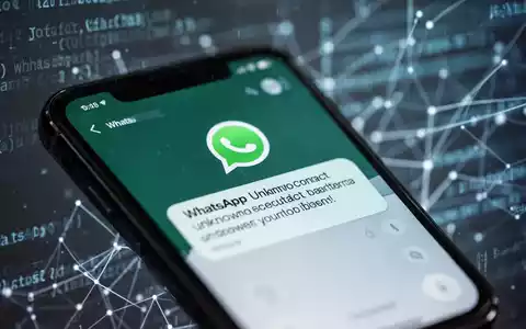 Ein Smartphone-Bildschirm zeigt eine WhatsApp-Sicherheitswarnung für eine unbekannte Nummer, mit digitalen Sicherheitselementen im Hintergrund. - Foto: über boerse-global.de