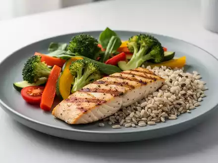 Ein appetitlich angerichtetes, gesundes Gericht mit Hähnchen, Brokkoli und Lachs auf einem Teller, beleuchtet von sanftem Licht. - Foto: über boerse-global.de