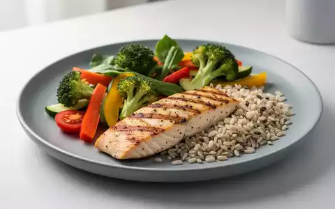 Ein appetitlich angerichtetes, gesundes Gericht mit Hähnchen, Brokkoli und Lachs auf einem Teller, beleuchtet von sanftem Licht. - Foto: über boerse-global.de