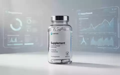 Eine schlichte Glasflasche mit Nahrungsergänzungsmitteln steht auf einer weißen Oberfläche, umgeben von weichem Licht. - Foto: über boerse-global.de