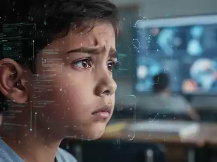 Ein Kind im Profil, das nachdenklich wirkt, mit einer digitalen Überlagerung und einem verschwommenen Klassenzimmer im Hintergrund. - Foto: über boerse-global.de
