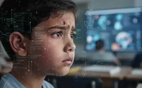 Ein Kind im Profil, das nachdenklich wirkt, mit einer digitalen Überlagerung und einem verschwommenen Klassenzimmer im Hintergrund. - Foto: über boerse-global.de
