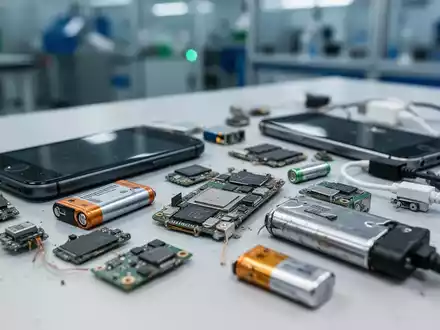 Nahaufnahme verschiedener kleiner, ausrangierter elektronischer Geräte wie Smartphones, Batterien und Kabel, auf einer hellen Oberfläche arrangiert. - Foto: über boerse-global.de