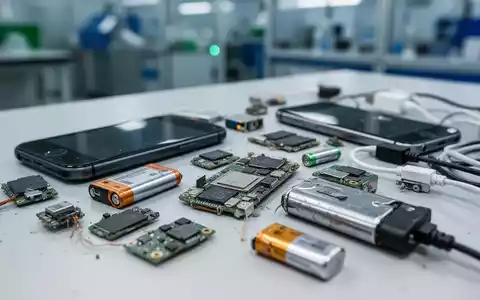 Nahaufnahme verschiedener kleiner, ausrangierter elektronischer Geräte wie Smartphones, Batterien und Kabel, auf einer hellen Oberfläche arrangiert. - Foto: über boerse-global.de
