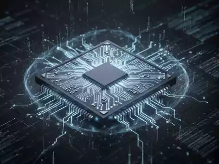 Ein leuchtender, futuristischer Mikrochip mit komplexen Schaltkreisen, der fortschrittliche KI und Rechenleistung symbolisiert. - Foto: über boerse-global.de