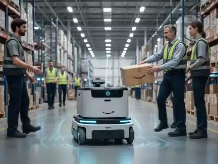 Ein moderner autonomer mobiler Roboter, ähnlich Amazons Proteus, bewegt sich durch ein Lagerhaus mit Mitarbeitern in der Nähe. - Foto: über boerse-global.de