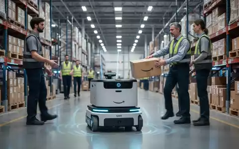 Ein moderner autonomer mobiler Roboter, ähnlich Amazons Proteus, bewegt sich durch ein Lagerhaus mit Mitarbeitern in der Nähe. - Foto: über boerse-global.de