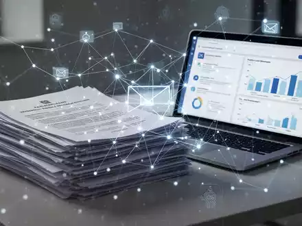 Digitales Netzwerk über juristischen Dokumenten, Laptop mit E-Mail-Analysen und abstrakten KI-Elementen, symbolisiert Unternehmenspolitik und digitale Werkzeuge. - Foto: über boerse-global.de