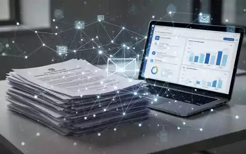 Digitales Netzwerk über juristischen Dokumenten, Laptop mit E-Mail-Analysen und abstrakten KI-Elementen, symbolisiert Unternehmenspolitik und digitale Werkzeuge. - Foto: über boerse-global.de