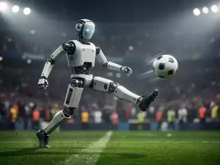 Humanoides Roboter beim Fußballtritt im Stadion, Ball in Bewegung, unscharfe Zuschauer im Hintergrund. - Foto: über boerse-global.de