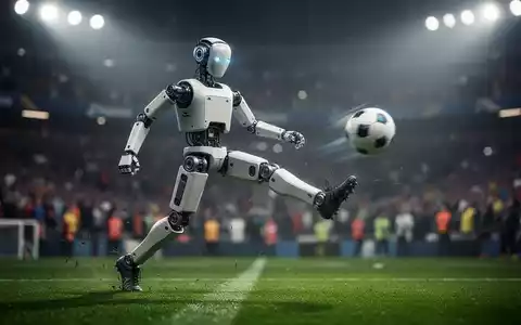Humanoides Roboter beim Fußballtritt im Stadion, Ball in Bewegung, unscharfe Zuschauer im Hintergrund. - Foto: über boerse-global.de