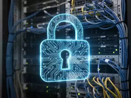 Ein stilisiertes digitales Vorhängeschloss mit Leiterplattenmuster, das blau leuchtet, vor verschwommenen Serverracks und Netzwerkkabeln. - Foto: über boerse-global.de