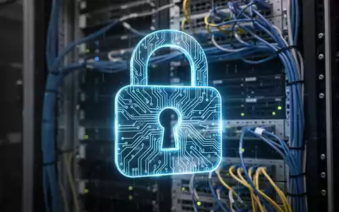 Ein stilisiertes digitales Vorhängeschloss mit Leiterplattenmuster, das blau leuchtet, vor verschwommenen Serverracks und Netzwerkkabeln. - Foto: über boerse-global.de