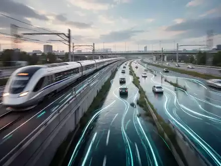 Ein Hochgeschwindigkeitszug, der an einer modernen Autobahn und einem Wasserweg vorbeifährt, symbolisiert beschleunigte Verkehrsprojekte. - Foto: über boerse-global.de
