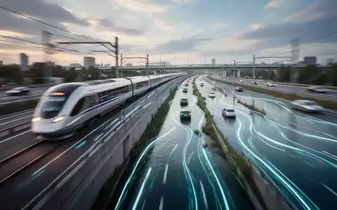 Ein Hochgeschwindigkeitszug, der an einer modernen Autobahn und einem Wasserweg vorbeifährt, symbolisiert beschleunigte Verkehrsprojekte. - Foto: über boerse-global.de