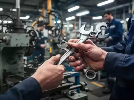 Nahaufnahme der Hände eines Fabrikarbeiters, der einen Schraubenschlüssel hält, mit verschwommenen Maschinen im Hintergrund. - Foto: über boerse-global.de