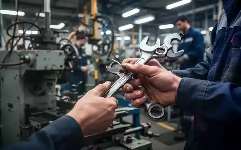 Nahaufnahme der Hände eines Fabrikarbeiters, der einen Schraubenschlüssel hält, mit verschwommenen Maschinen im Hintergrund. - Foto: über boerse-global.de