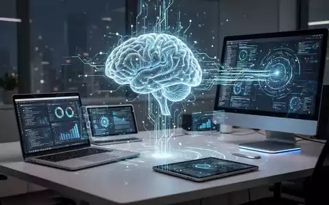 Ein futuristisches, leuchtendes neuronales Netzwerk oder KI-Gehirnsymbol, integriert in eine moderne Büroarbeitsumgebung. - Foto: über boerse-global.de