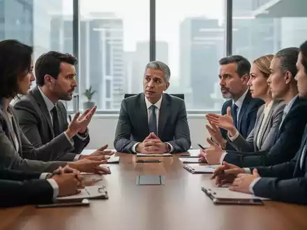 Eine vielfältige Gruppe von Fachleuten bespricht Konfliktlösung an einem Konferenztisch in einem modernen Büro. - Foto: über boerse-global.de