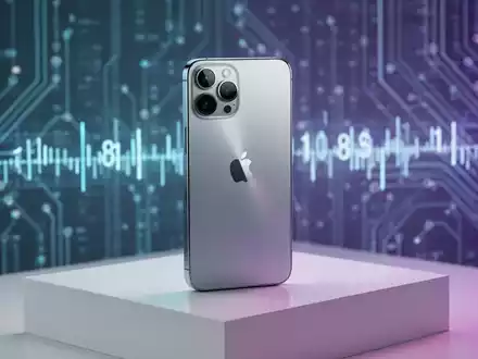 Schlankes silbernes iPhone 17 auf weißem Sockel mit futuristischem blau-violetten Licht, das seine verlängerte Lebensdauer symbolisiert. - Foto: über boerse-global.de