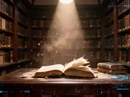 Antike Bibliothek mit vielen Büchern, Lichtstrahl und teilweise zerlegtem Buch auf Schreibtisch mit digitaler Überlagerung. - Foto: über boerse-global.de