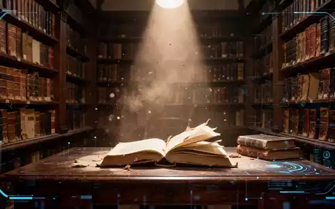 Antike Bibliothek mit vielen Büchern, Lichtstrahl und teilweise zerlegtem Buch auf Schreibtisch mit digitaler Überlagerung. - Foto: über boerse-global.de