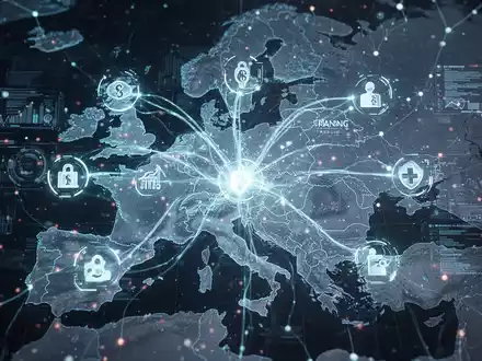 Glühendes neuronales Netz mit abstraktem Datenfluss verbindet Bank- und Gesundheitssektor-Icons über Europakarte. - Foto: über boerse-global.de